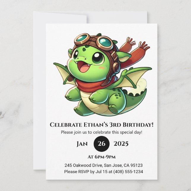Adventurous Baby Dragon Birthday Invitation (Front)