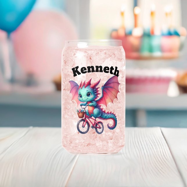 Adventurous baby dragon riding a bicycle in spring can glass (Insitu (Baby Shower))