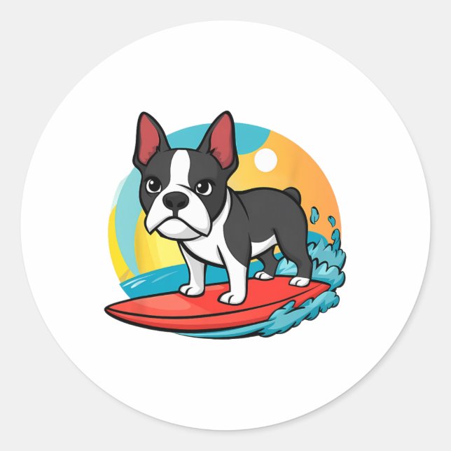 Adventurous Boston Terrier Dog Surfing Funny Surfe Classic Round Sticker (Front)