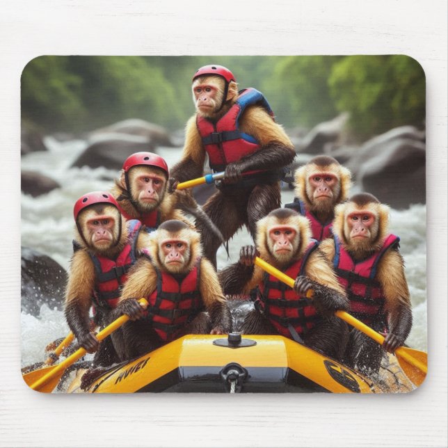 Adventurous Capuchin Monkeys Whitewater Rafting Mouse Pad (Front)