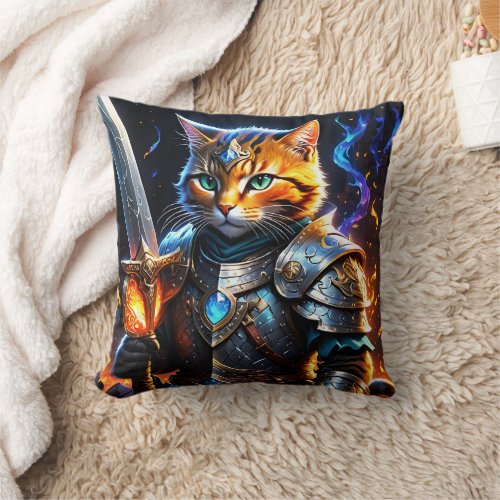 Adventurous Cat Knight Holding a Sword Throw Pillow