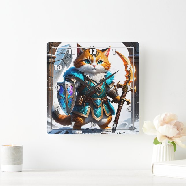 Adventurous Cat Warrior in Magical Armor Square Wall Clock (Home)