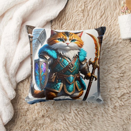 Adventurous Cat Warrior in Magical Armor Throw Pillow