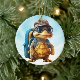 Adventurous Cute Little Turtle with Backpack, Cera Ceramic Ornament
