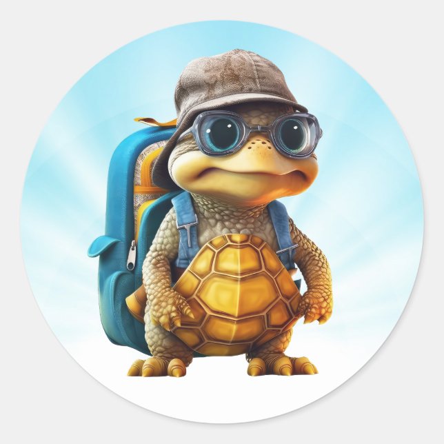 Adventurous Cute Little Turtle with Backpack, Classic Round Sticker (Front)