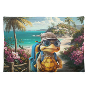 Adventurous Cute Little Turtle with Backpack, Cloth Placemat