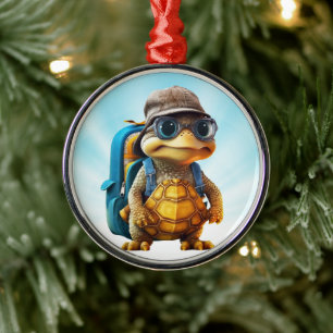 Adventurous Cute Little Turtle with Backpack, Metal Ornament