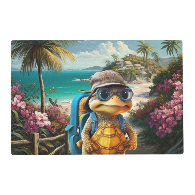 Adventurous Cute Little Turtle with Backpack, Placemat (Front)