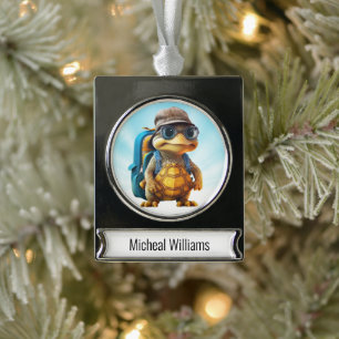 Adventurous Cute Little Turtle with Backpack, Silver Plated Banner Ornament