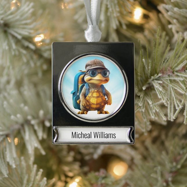 Adventurous Cute Little Turtle with Backpack, Silver Plated Banner Ornament (Tree)