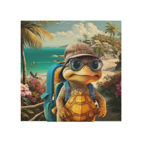 Adventurous Cute Little Turtle with Backpack Wood Wall Art