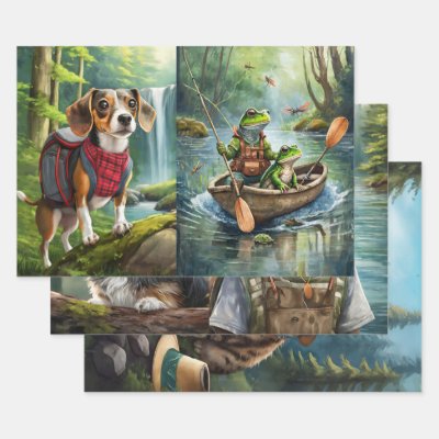 Adventurous Furry Friends, Camping Outdoorsmen Wrapping Paper Sheets