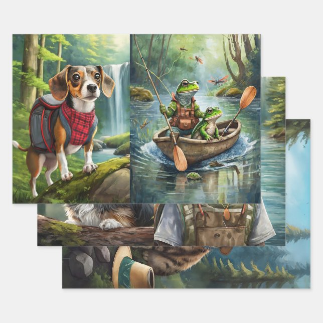 Adventurous Furry Friends, Camping Outdoorsmen Wrapping Paper Sheets (Set)