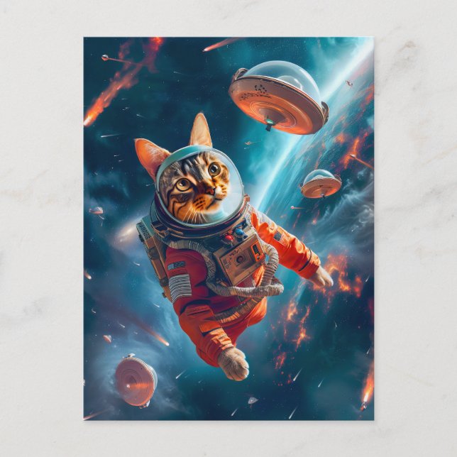 Adventurous Space Cat Floating Gracefully Beyond E Holiday Postcard (Front)