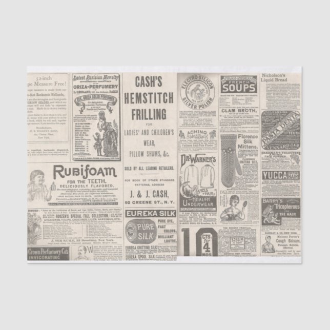 Advertisements from 1889 Newspaper Tissue Paper (Front)