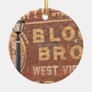 Advertisements on side of building ceramic ornament