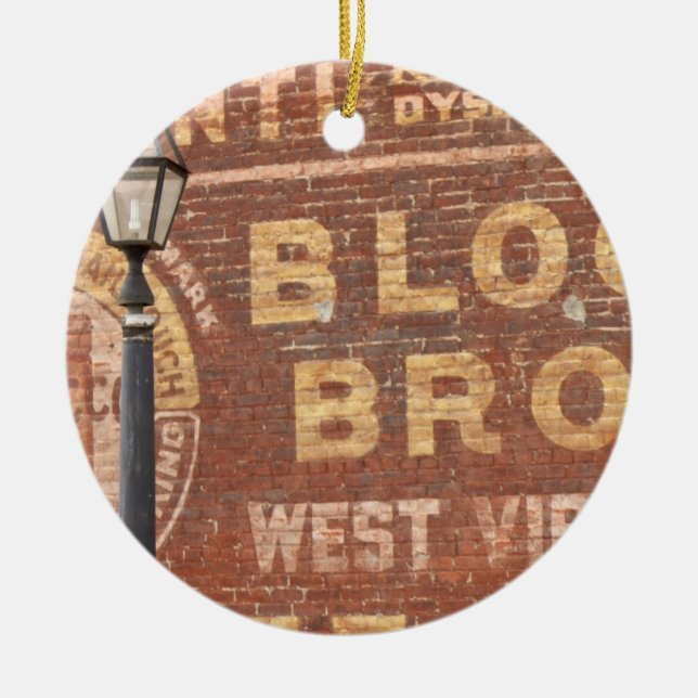 Advertisements on side of building ceramic ornament (Front)