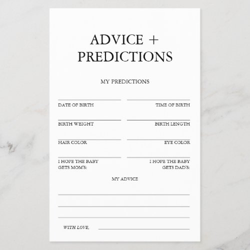 Advice and Predictions Baby Shower Game Minimalist Flyer