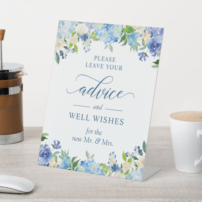 Advice and Well Wishes Blue Hydrangea Floral Pedestal Sign (In SItu)
