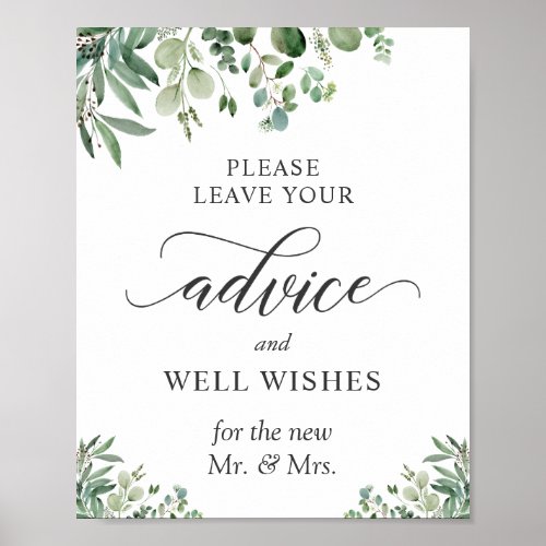 Advice and Well Wishes Sign Eucalyptus Leaves - Greenery Eucalyptus Leaves Wedding Advice and Well Wishes Sign Poster. 
(1) The default size is 8 x 10 inches, you can change it to a larger one. 
(2) For further customization, please click the "customize further" link and use our design tool to modify this template. 
(3) If you need help or matching items, please contact me.