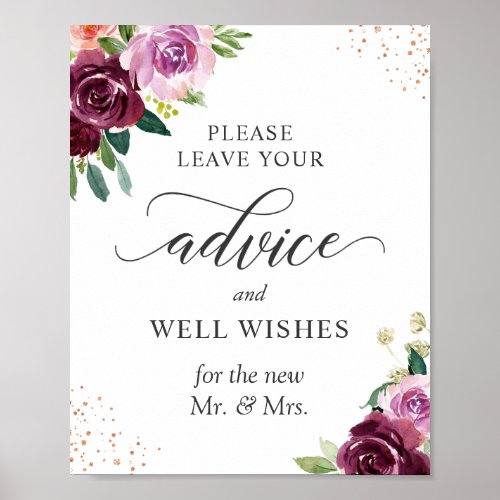 Advice and Well Wishes Sign Purple Blush Floral - Plum Purple Blush Floral Wedding Advice and Well Wishes Sign Poster. 
(1) The default size is 8 x 10 inches, you can change it to a larger one. 
(2) For further customization, please click the "customize further" link and use our design tool to modify this template. 
(3) If you need help or matching items, please contact me.