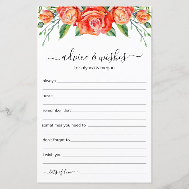 Advice and Wishes Coral Floral LGBTQ Wedding (Front)