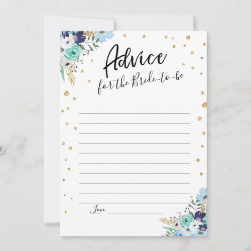Advice Card Blue Floral Gold Travel Bridal Shower