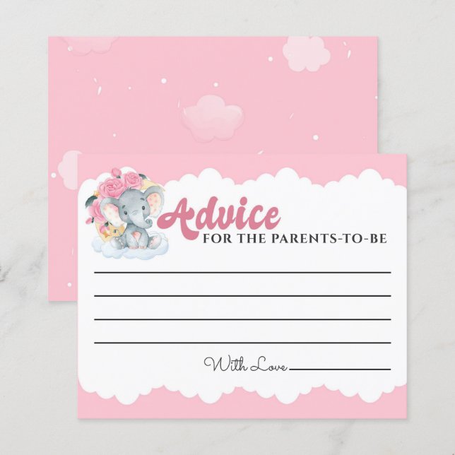 Advice Cards Pink Floral Elephant Girl Baby Shower (Front/Back)