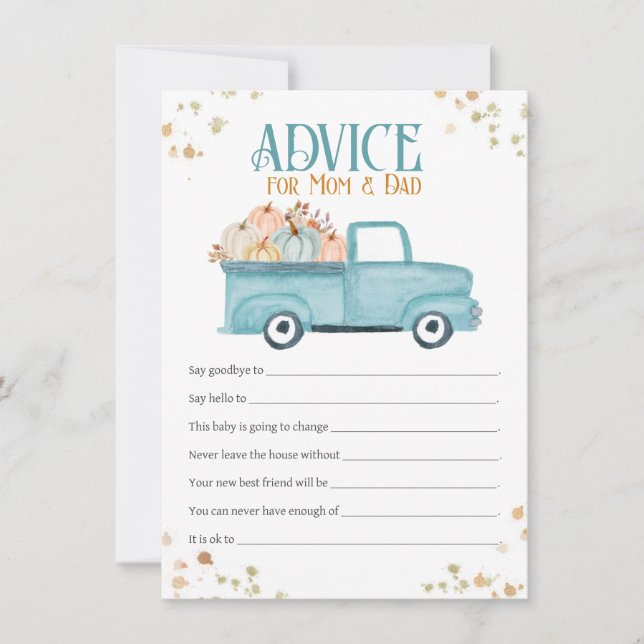 Advice for Mom & Dad Card, Blue Pumpkin Truck Note Card (Front)