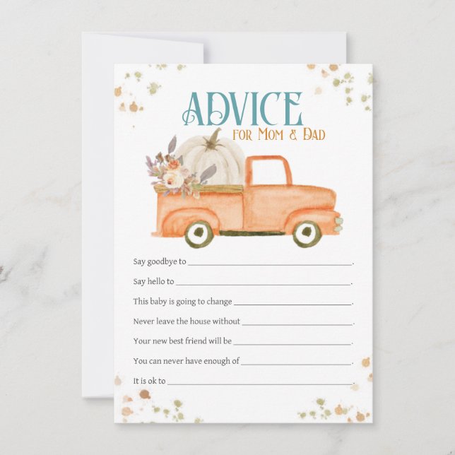 Advice for Mom & Dad Card, Orange Pumpkin Truck Note Card (Front)
