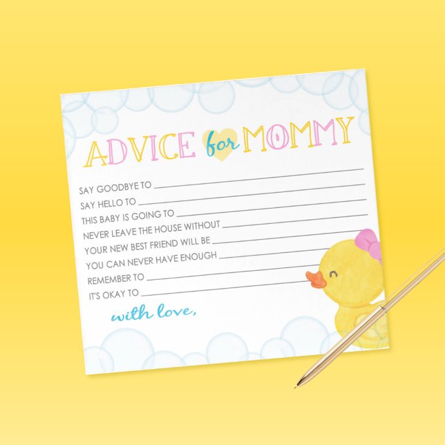 Advice for Mom Girl Rubber Duck Baby Shower Advice Notepad (Girl Watercolor Rubber Duck Advice for Mommy Fill in the Blank Note Sheets)