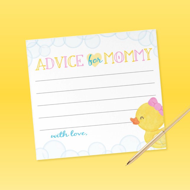 Advice for Mom Girl Rubber Duck Baby Shower Advice Notepad (Girl Watercolor Rubber Duck Advice for Mommy Blank Note Sheets)