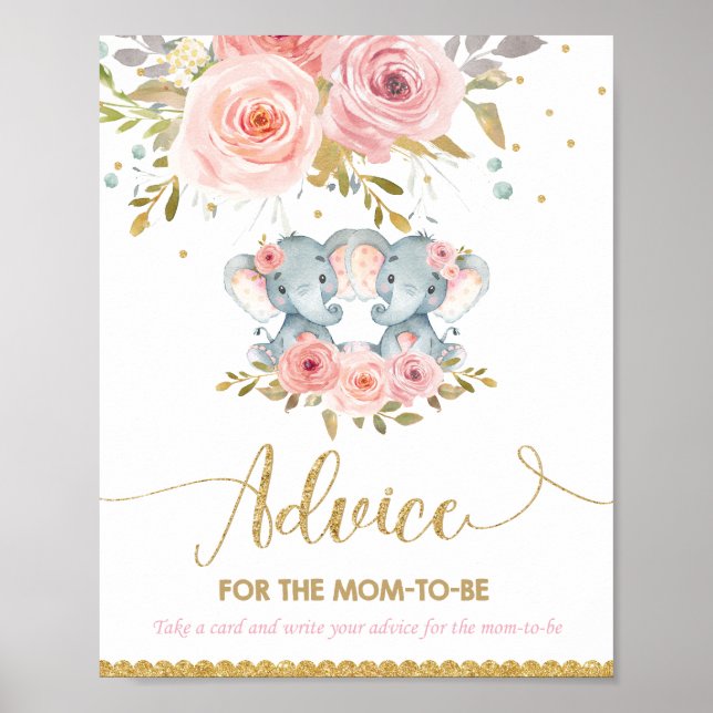 Advice for Mom to Be Elephant Twins  Baby Shower Poster (Front)