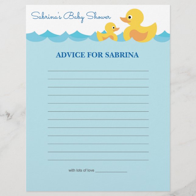 Advice for Mom To Be Rubber Duck Baby Shower Game (Front)