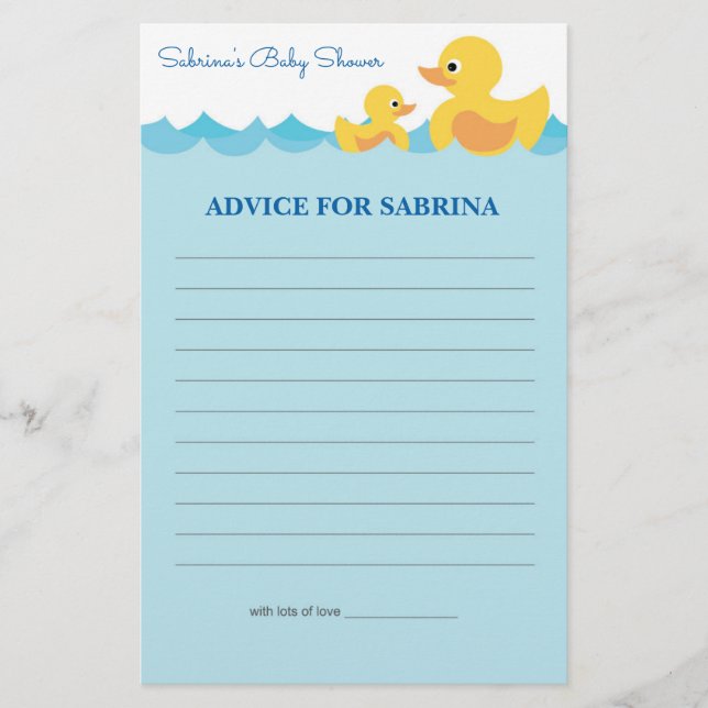 Advice for Mom To Be Rubber Duck Baby Shower Game (Front)