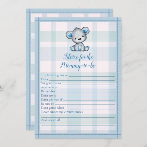 Advice For Mommy Cute Gray Bear Boy Shower Game Invitation