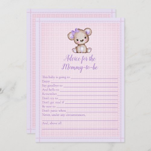 Advice For Mommy Cute Purple Bear Shower Game Card