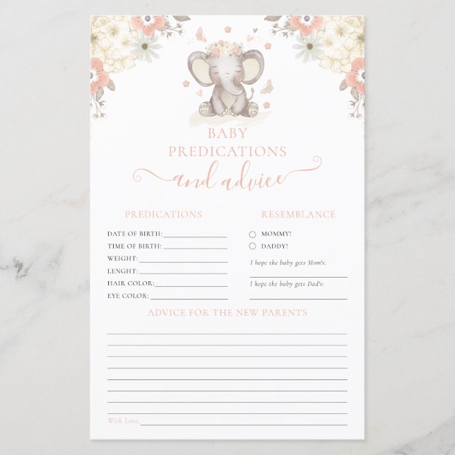 Advice for Parents Elephant Girl Baby Shower Game (Front)