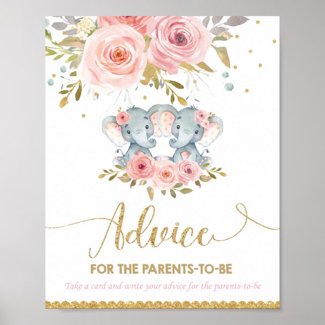Advice for Parents to Be Elephant Twin Baby Shower Poster (Front)