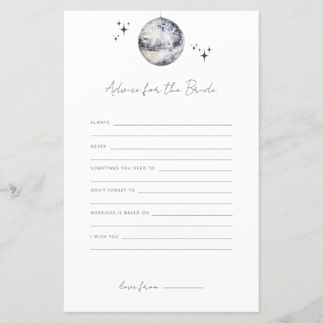 Advice For The Bride Disco Ball Bridal Shower Game (Front)