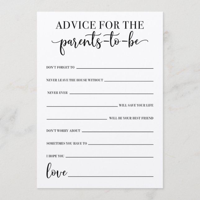 Advice For The Parents-To-Be Baby Shower Game Program (Front)