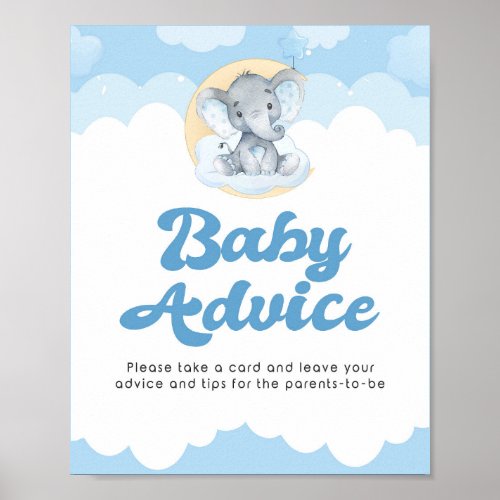 Advice Sign Blue Elephant Boy Baby Shower Poster