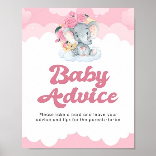 Advice Sign Pink Elephant Girl Baby Shower Poster