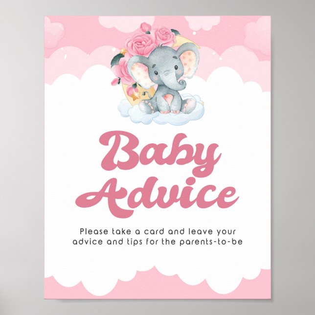 Advice Sign Pink Elephant Girl Baby Shower Poster (Front)