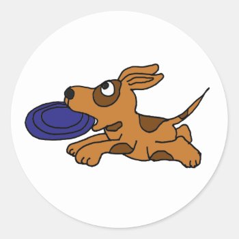 Ae- Funny Brown Puppy Dog Catching Frisbee Classic Round Sticker by Petspower at Zazzle