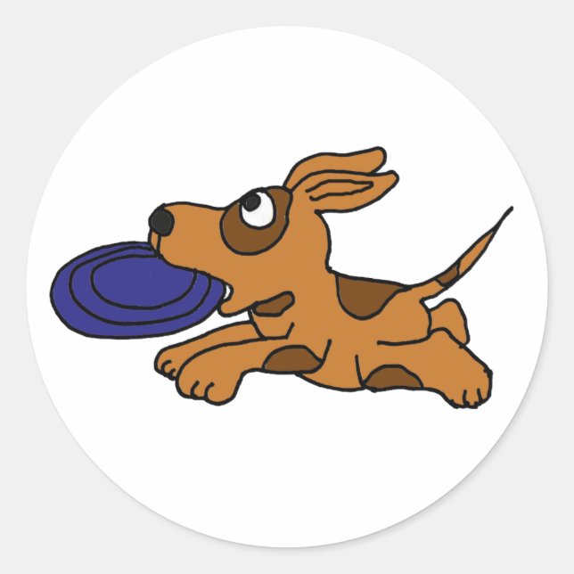 AE- Funny Brown Puppy Dog Catching Frisbee Classic Round Sticker (Front)