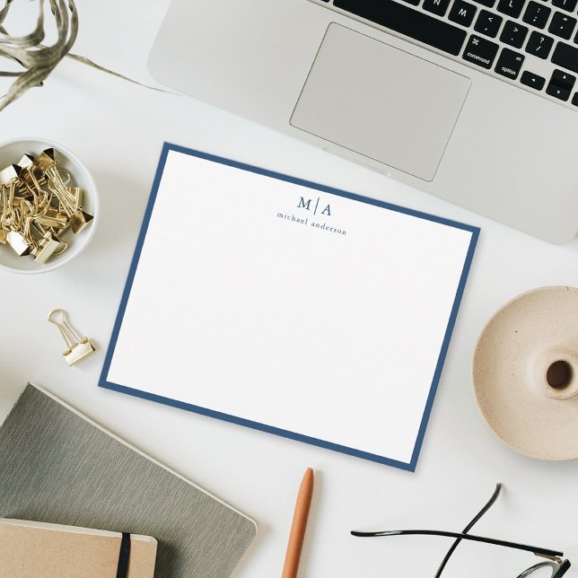 Aegean Blue Classic Border Monogram Correspondence Note Card (Creator Uploaded)