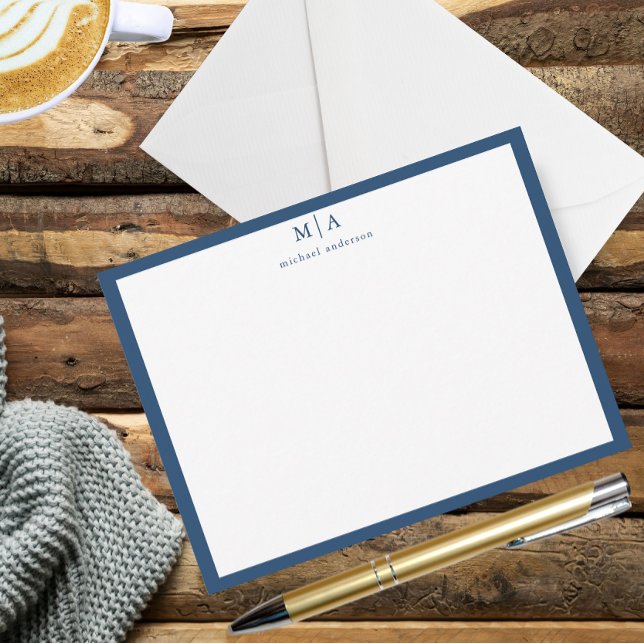 Aegean Blue Classic Border Monogram Correspondence Note Card (Include your own monogram initials and name. )
