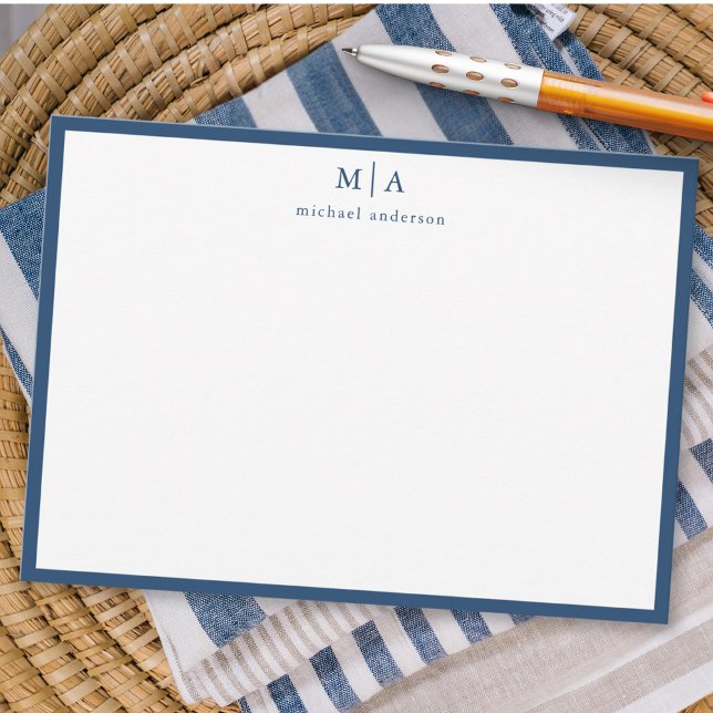 Aegean Blue Classic Border Monogram Correspondence Note Card (Creator Uploaded)