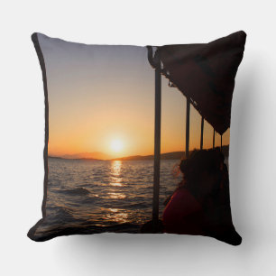 Aegean lifestyle on boat at sunset in summer throw pillow